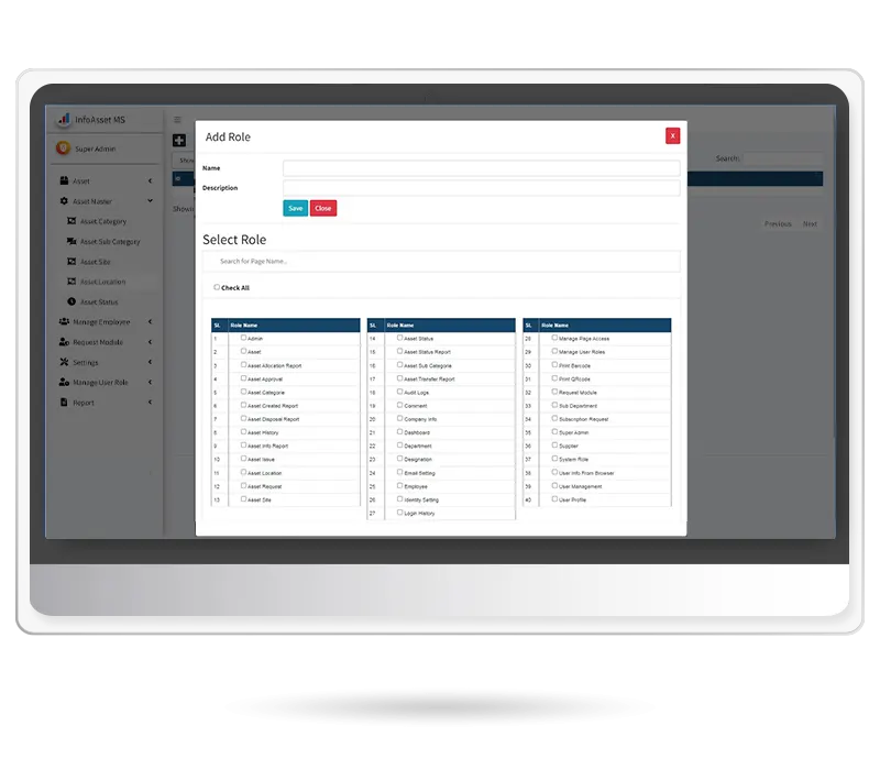 Role Management Section in InfoAsset Management Solution